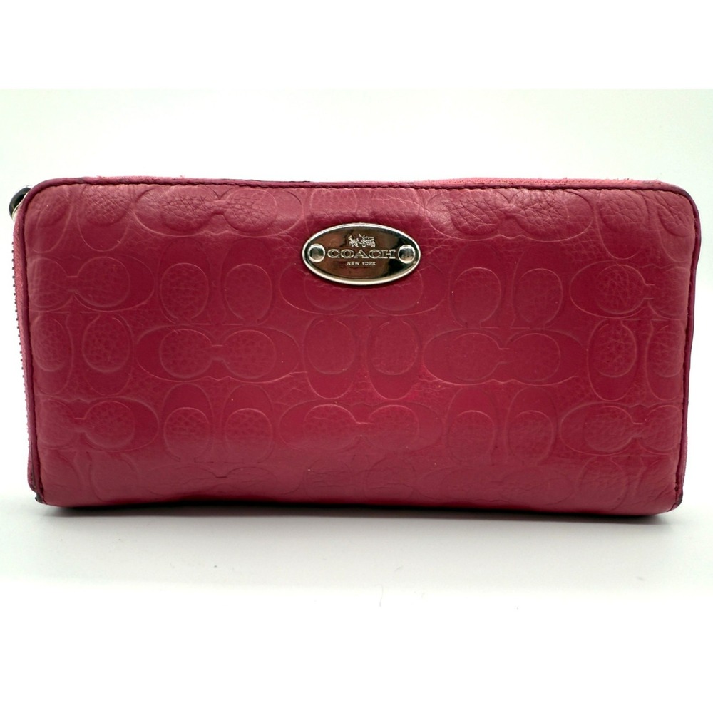 Coach Embossed Signature Leather Zip Around Wallet Pink Accordion Large Purse